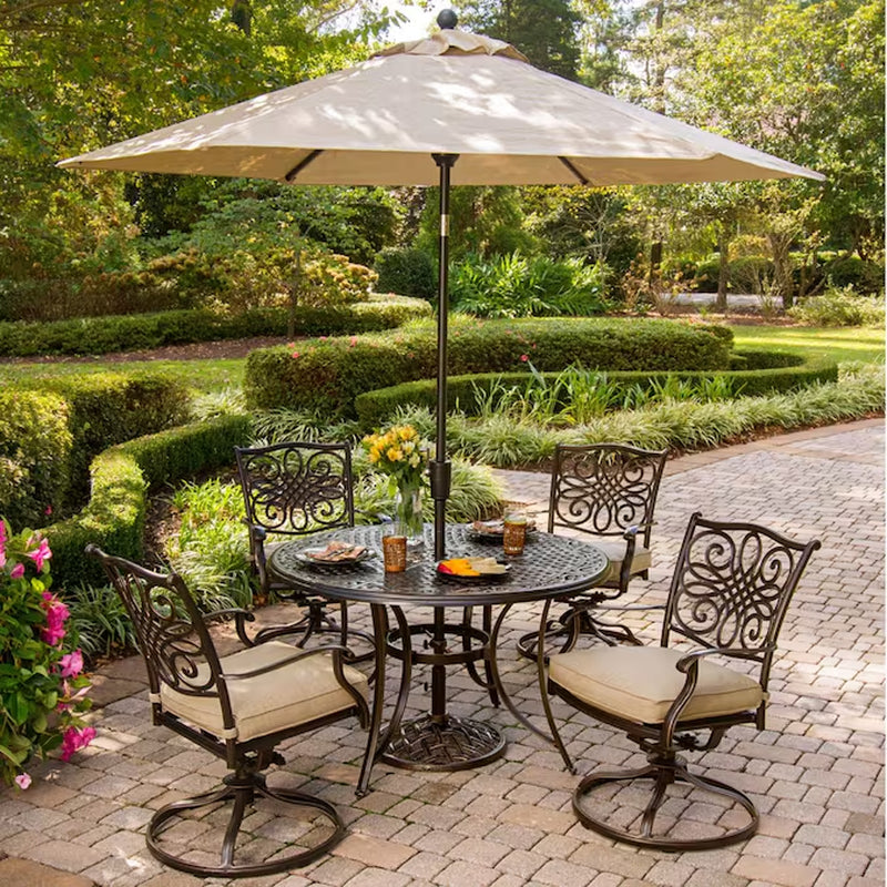 Traditions 5 -Piece Bronze Patio Dining Set Aluminum round Table with 4 Tan Cushions Swivel Chairs