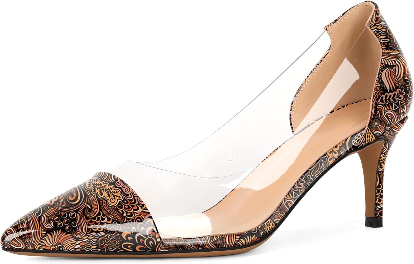 Women'S Pointed Toe Cap Clear Stilettos Pumps Transparent PVC Vamp Mid Heels Slip on Wedding Dress Work Shoes 2.5 Inch