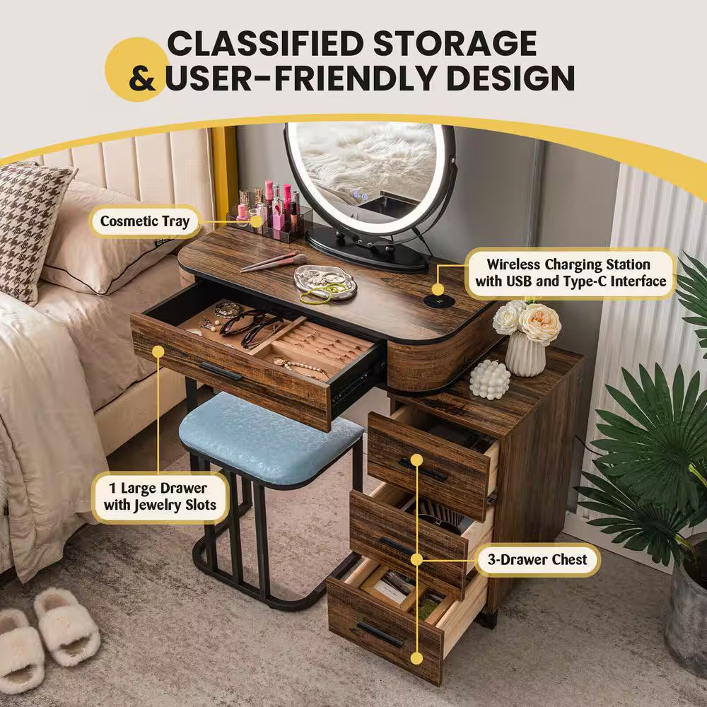 Brown 4 Drawer 31.5 In. Vanity Table Set with 3-Color Lighted Mirror and Charging Station Chest of Drawers