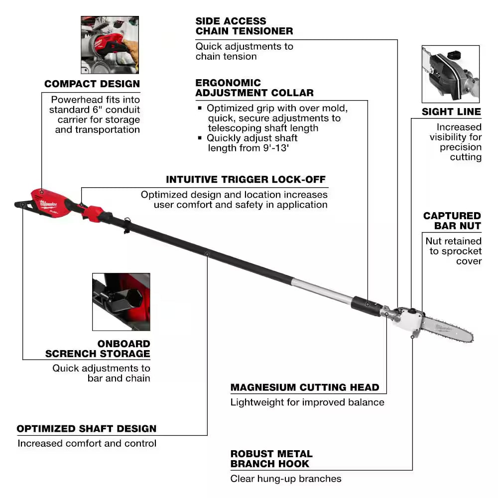 M18 FUEL 10 In. 18V Lithium-Ion Brushless Electric Cordless Telescoping Pole Saw W/16 In. Chainsaw Kit (2-Tool)