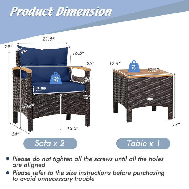 3 Pieces Patio Rattan Furniture Set with Removable Cushions