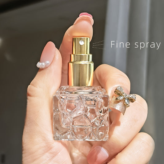 4-Pack 10ml Square Textured Glass Perfume Bottles, Portable Mini Spray Atomizer, Refillable, Travel-Friendly, with Fine Mist Sprayer, Elegant Personal Fragrance Vial, Assorted Metallic Caps