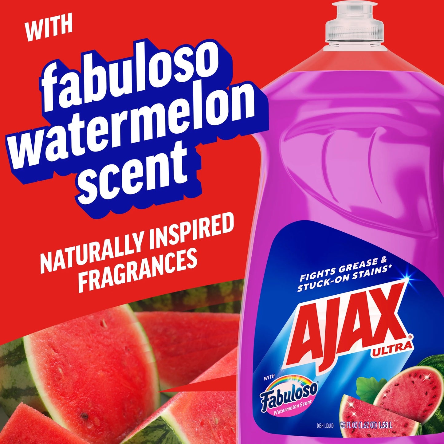 Ultra Liquid Dish Soap with Fabuloso Watermelon Scent, Easy-Flip Cap, 52 Fl Oz Bottle