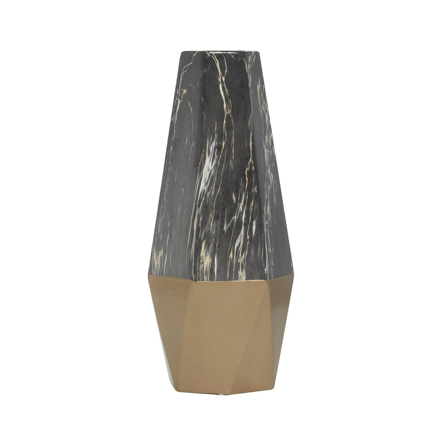 18" Faux Marble Dark Gray Ceramic Vase with Gold Base