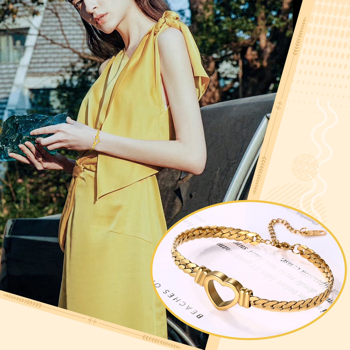Women'S Chunky Cuban Link Bracelet Stainless Steel Flat Heart Chain Adjustable