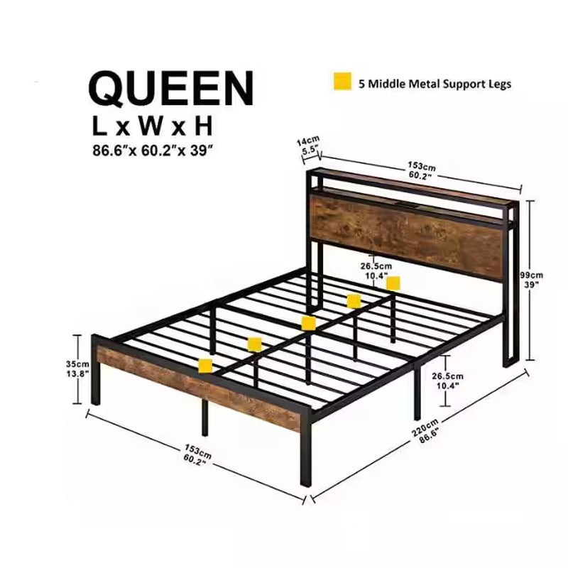 Modern Industrial Black Metal Frame Queen Platform Bed with Wooden Storage Headboard, Charging Station, Underbed Storage