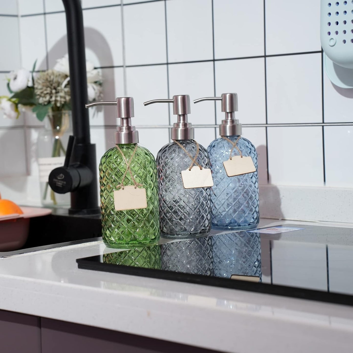 16 Oz Diamond Glass Soap Dispenser for Kitchen or Bathroom