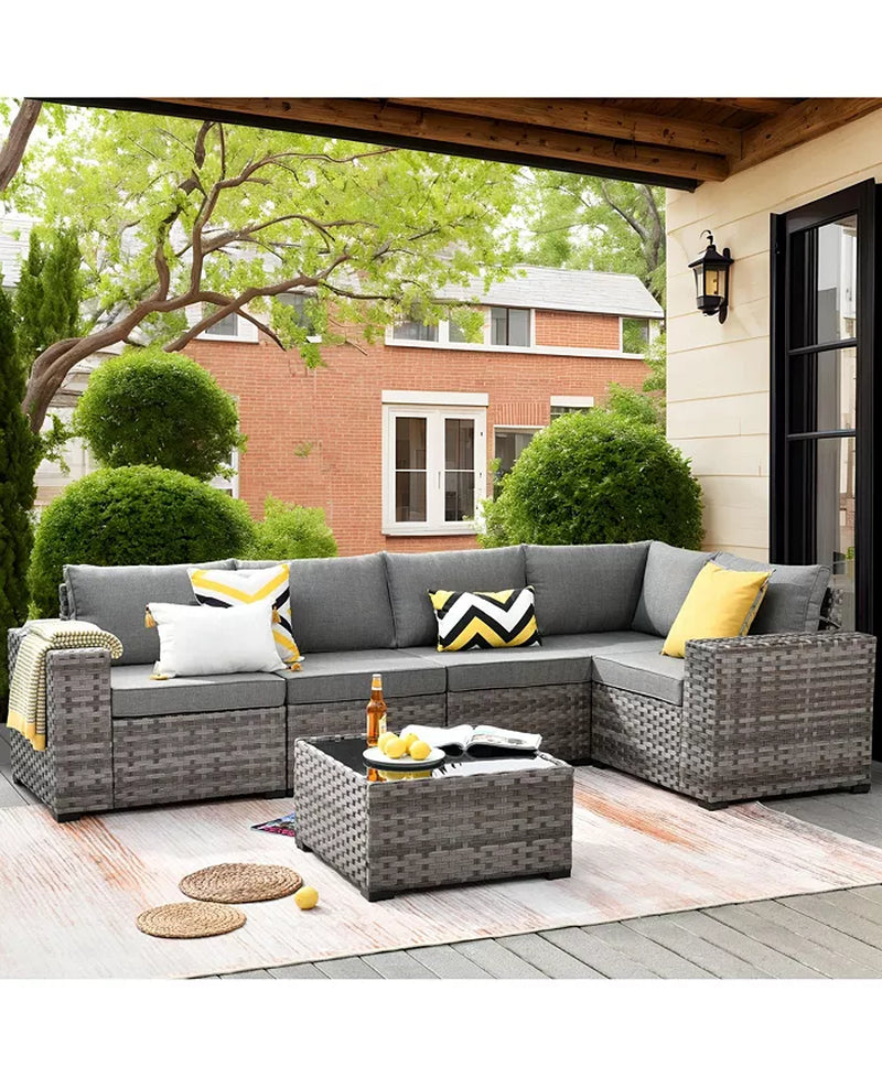 Patio Furniture Set,6 Piece Outdoor Sectional Sofa Couch Set,Patio Conversation Set with Modular Wicker Chairs,Widened Armrest,Side Table,Orange Red