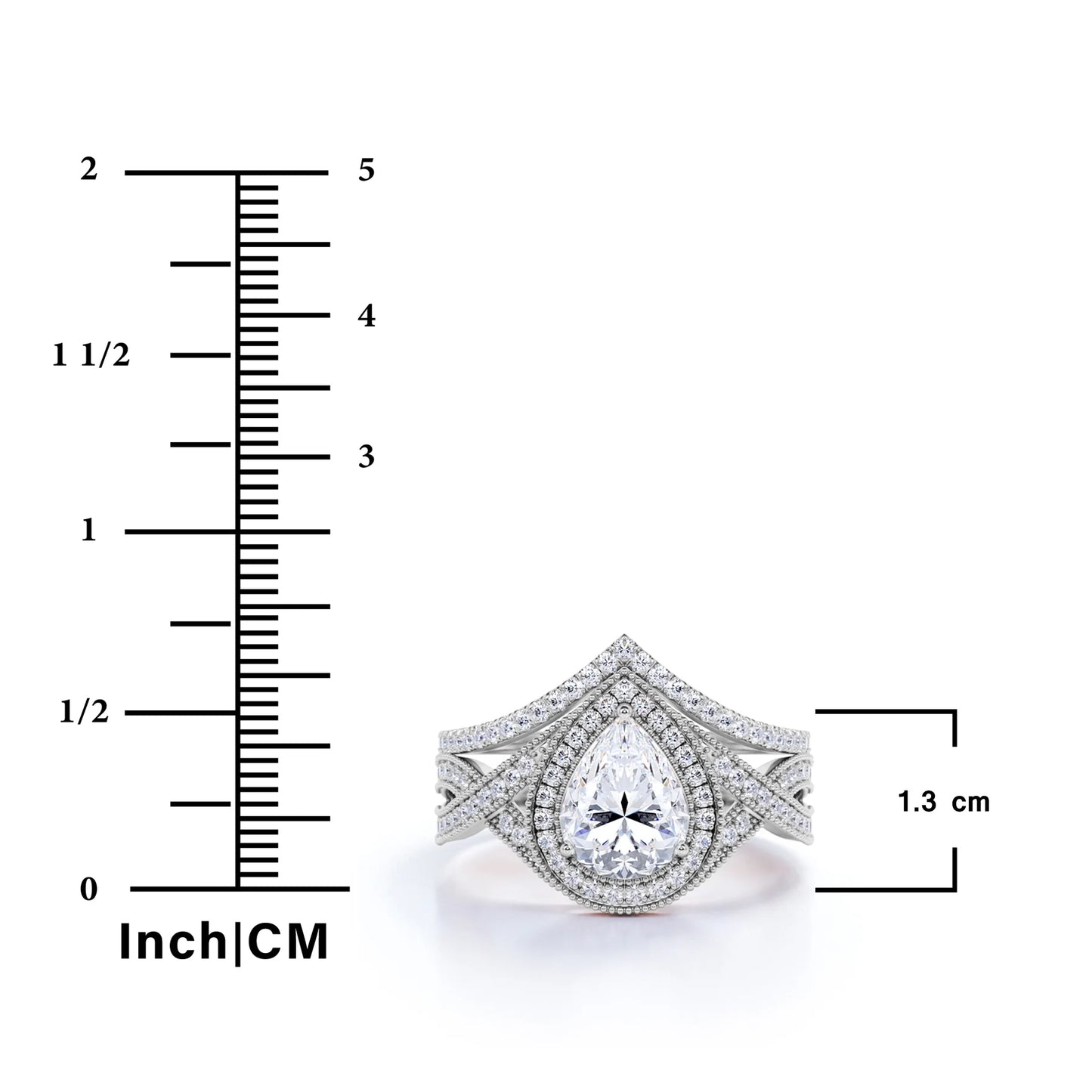 1.5 Carat Pear Cut Moissanite Wedding Set - Bridal Set - Art Deco Ring - Halo Ring - Cluster Ring - 18K Yellow Gold over Silver
