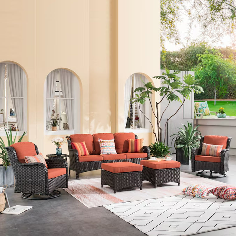 6 -Piece Rattan Patio Sofa Conversation Set with Beige Cushions