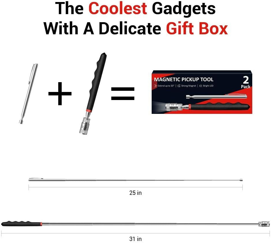 Magnetic Pickup Tool 2 Pack, Cool Gadget Gift for Men, 31" Telescoping LED Flashlight Pick up + Slim 25" Telescopic Extendable Magnet Stick, Unique Men'S Gifts Christmas Birthday for Dad Mechanic Guy