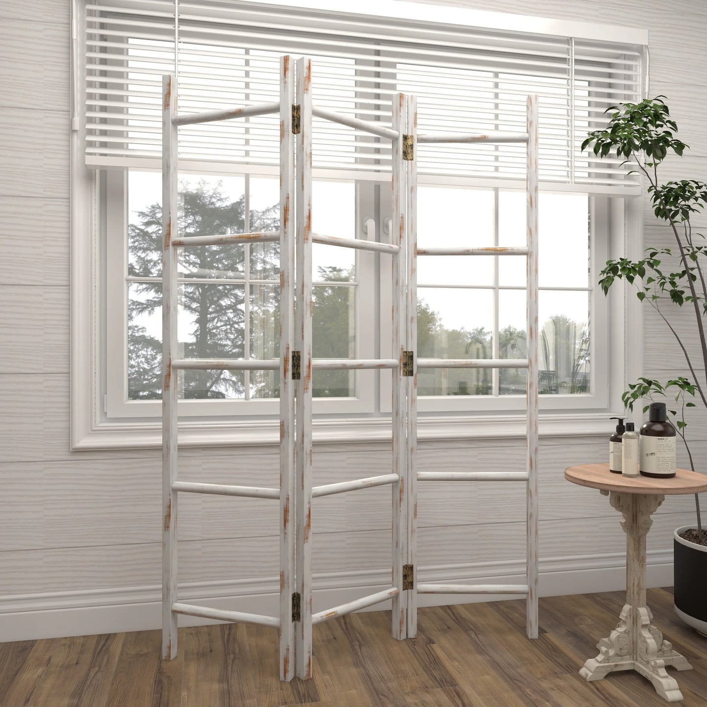 48" X 71" White Wood Ladder 15 Rung Ladder with 3 Panels, 1-Piece