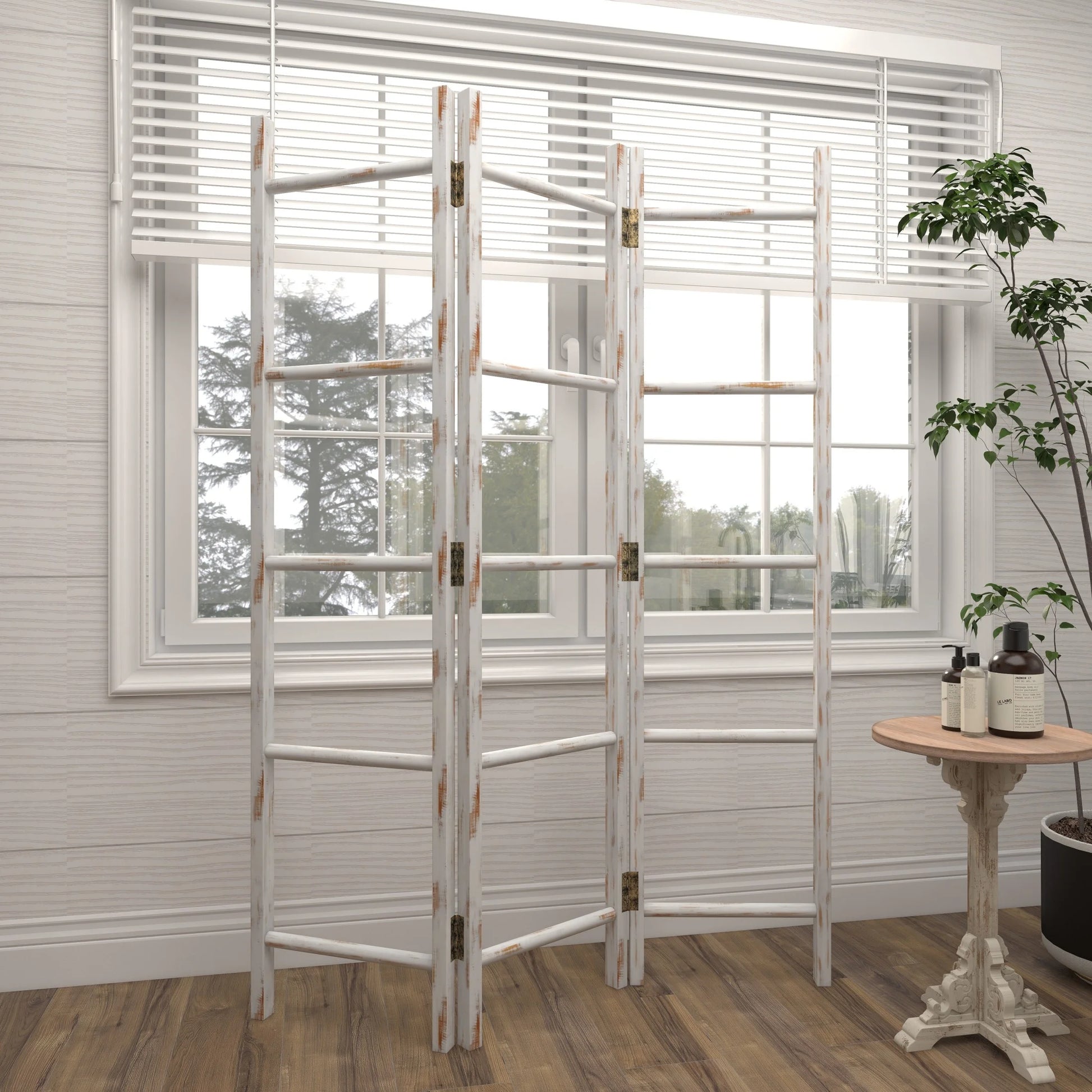 48" X 71" White Wood Ladder 15 Rung Ladder with 3 Panels, 1-Piece