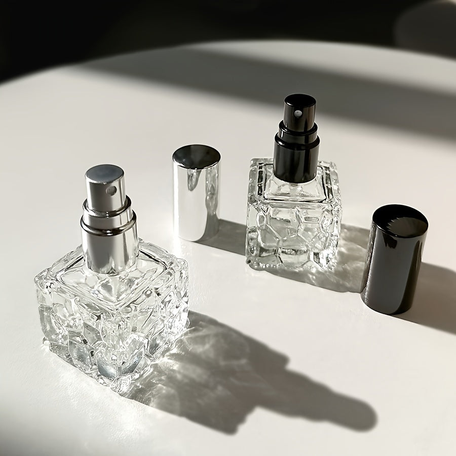 4-Pack 10ml Square Textured Glass Perfume Bottles, Portable Mini Spray Atomizer, Refillable, Travel-Friendly, with Fine Mist Sprayer, Elegant Personal Fragrance Vial, Assorted Metallic Caps
