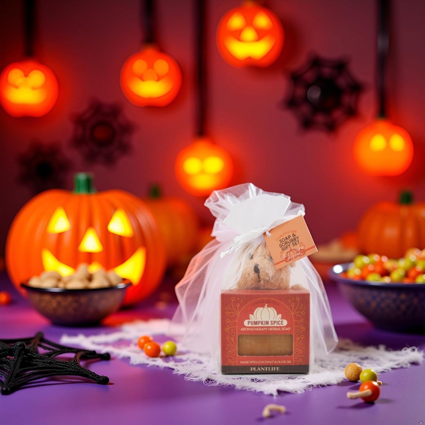 Bear Bath Scrubby with a Pumpkin Spice Soap Set - Gently Natural Ramie Scrubby with Soothing Soap for Your Skin - Kid Tested with No Removable Parts