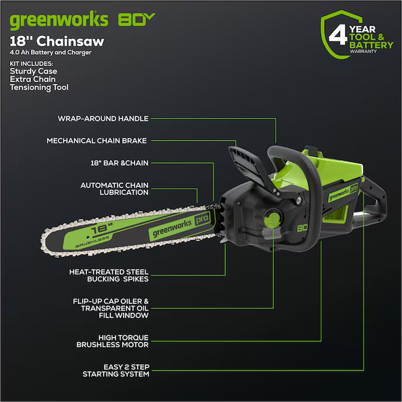 Pro 80-Volt 18-In Battery 4 Ah Chainsaw Battery Included Charger Included