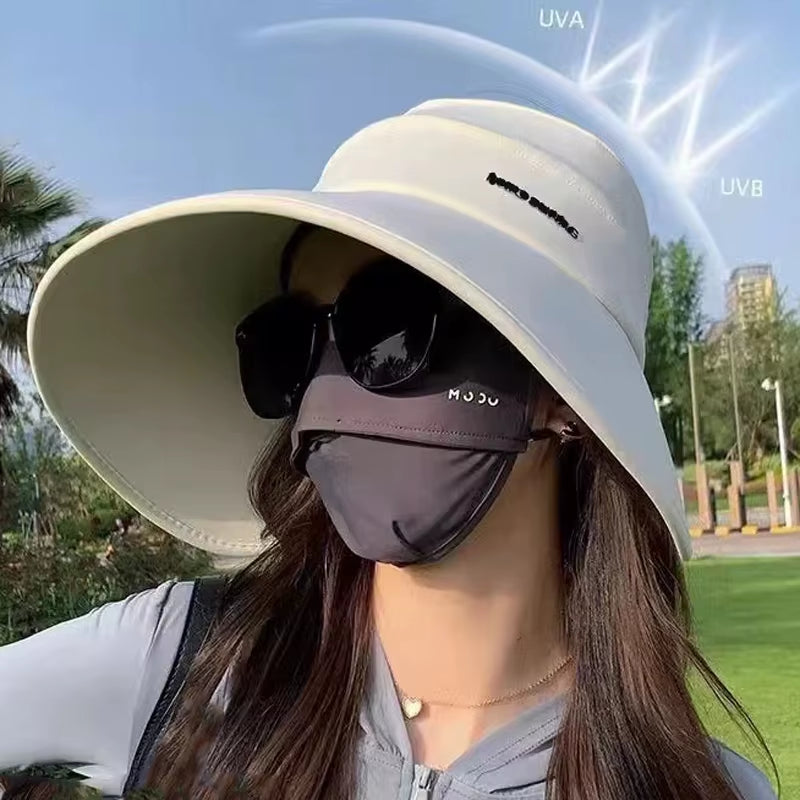 Women Summer Sun Hat Large Brim Empty Top Ponytail Cap for Outdoor Travel Beach Sunscreen Visors UV Protection Fisherman Hats 모자