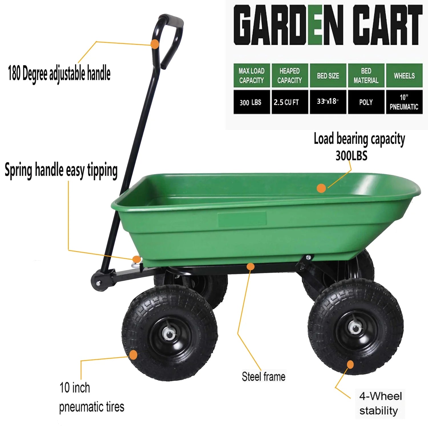 55L Folding Garden Cart 4 Wheel Dump Truck, 220Lb Capacity, 10" Pneumatic Tire, Green