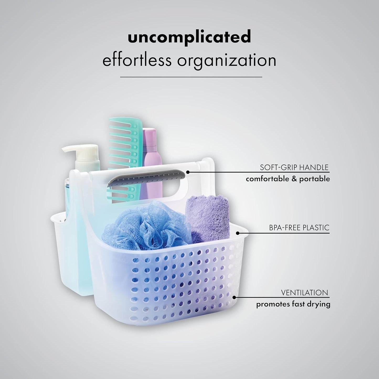 2-Compartment Soft Grip Shower Tote for Bathroom Organization, Plastic Storage Shower Caddy Bucket, Small, Frost