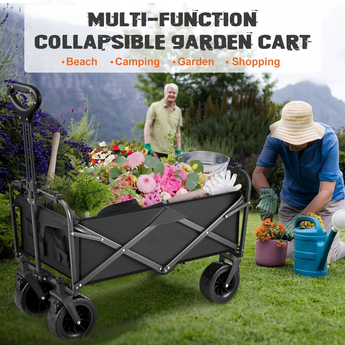 560Lbs Collapsible Folding Wagon, Big Bucket Beach Cart, Heavy Duty Large Capacity Garden Wagon with Multi-Terrain Brake Wheels for Outdoor Camping, Shopping, Sports, Grocery, Kids, Black