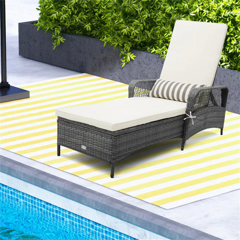 Outdoor Chaise Lounge Chair Recliner Rattan Mix Gray Steel Frame Stationary Chaise Lounge Chair with Off-White Polyester Cushioned Seat