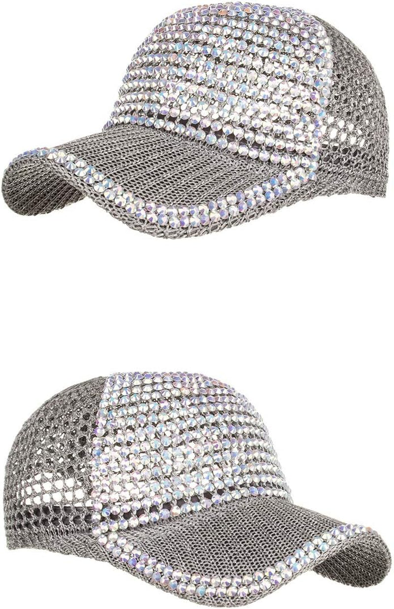 Women Men Studded Rhinestone Crystals Adjustable Ponytail Mesh Baseball Cap Shiny Bling Casual Sports Cap Breathable Sun Hat