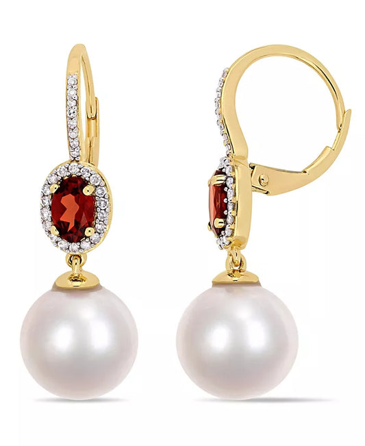 Freshwater Cultured Pearl (11-12Mm), Garnet (1 1/10 Ct. T.W.) and Diamond (1/4 Ct. T.W.) Oval Drop Earrings in 10K Yellow Gold