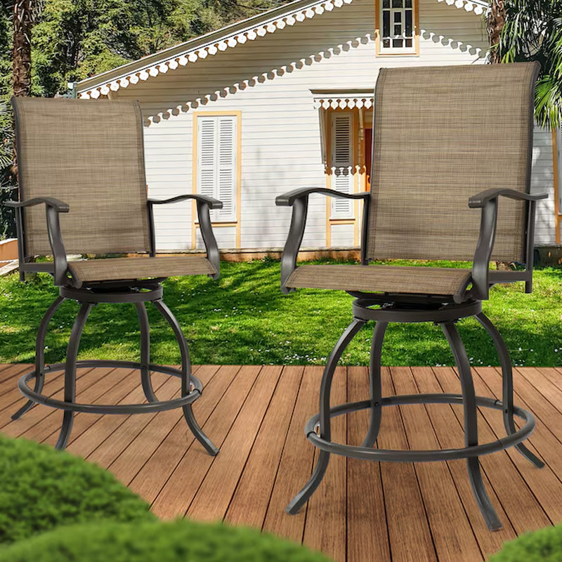Patio Chairs Set of 2 Brown/Powder Coated Steel Frame Swivel Bar Stool Chair with Beige Woven Seat