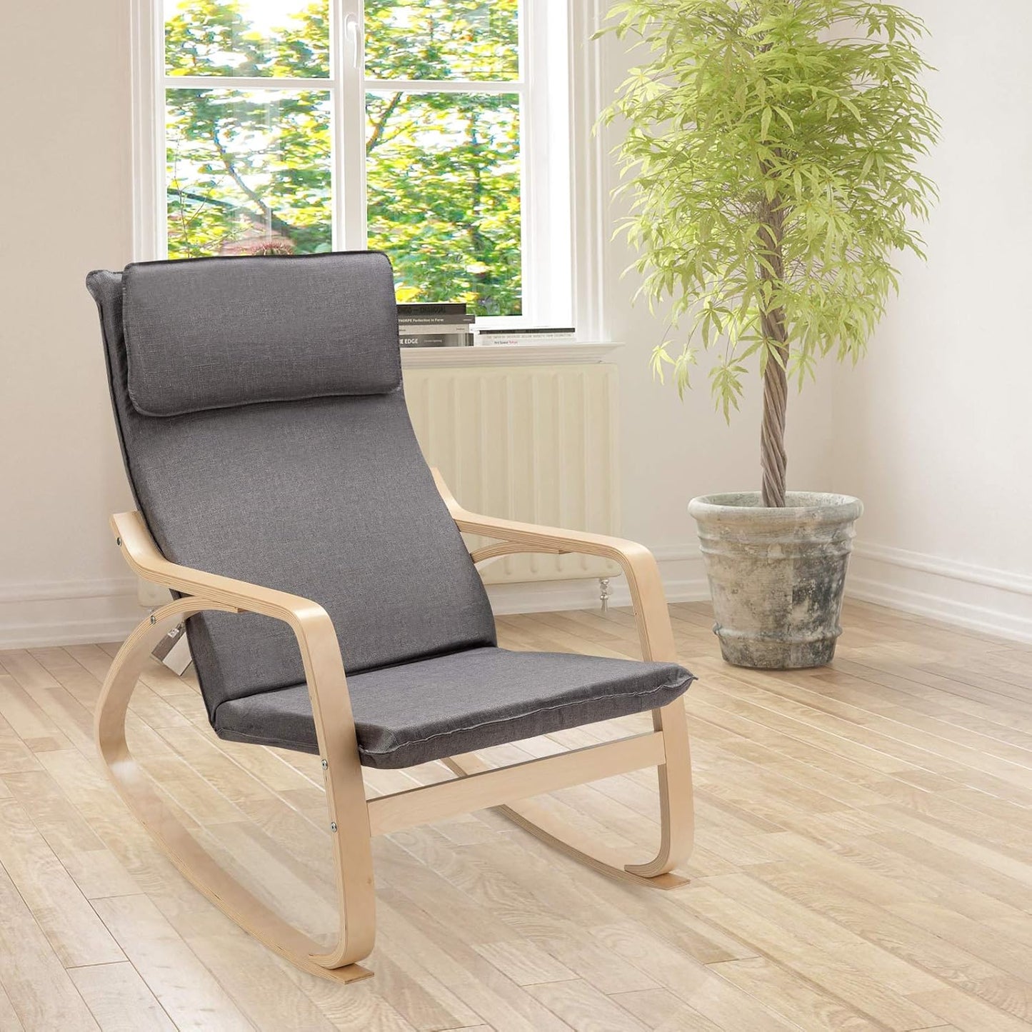 Rocking Chair with Removable Upholstered Cushion, Stable Wooden Frame Relaxing Modern Leisure Armchair Suitable for Living Room, Bedroom, Balcony, Nursery Room Ergonomic Chair (2, Gray)