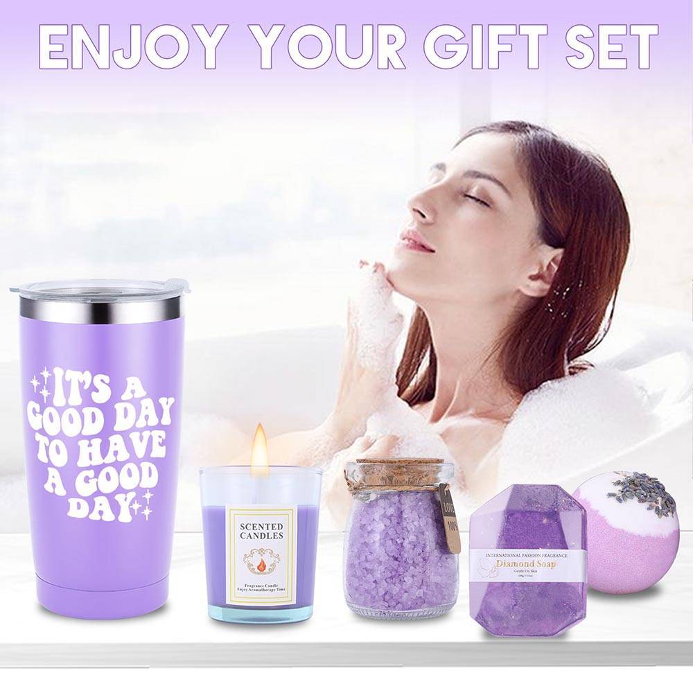Lavender Bliss 8pcs Gift Set: Insulated Tumbler, Greeting Card, Hair Tie, Scented Candle, Bath Salts, Bath Bomb, Soap Bar - Alcohol-Free for All Skin Types