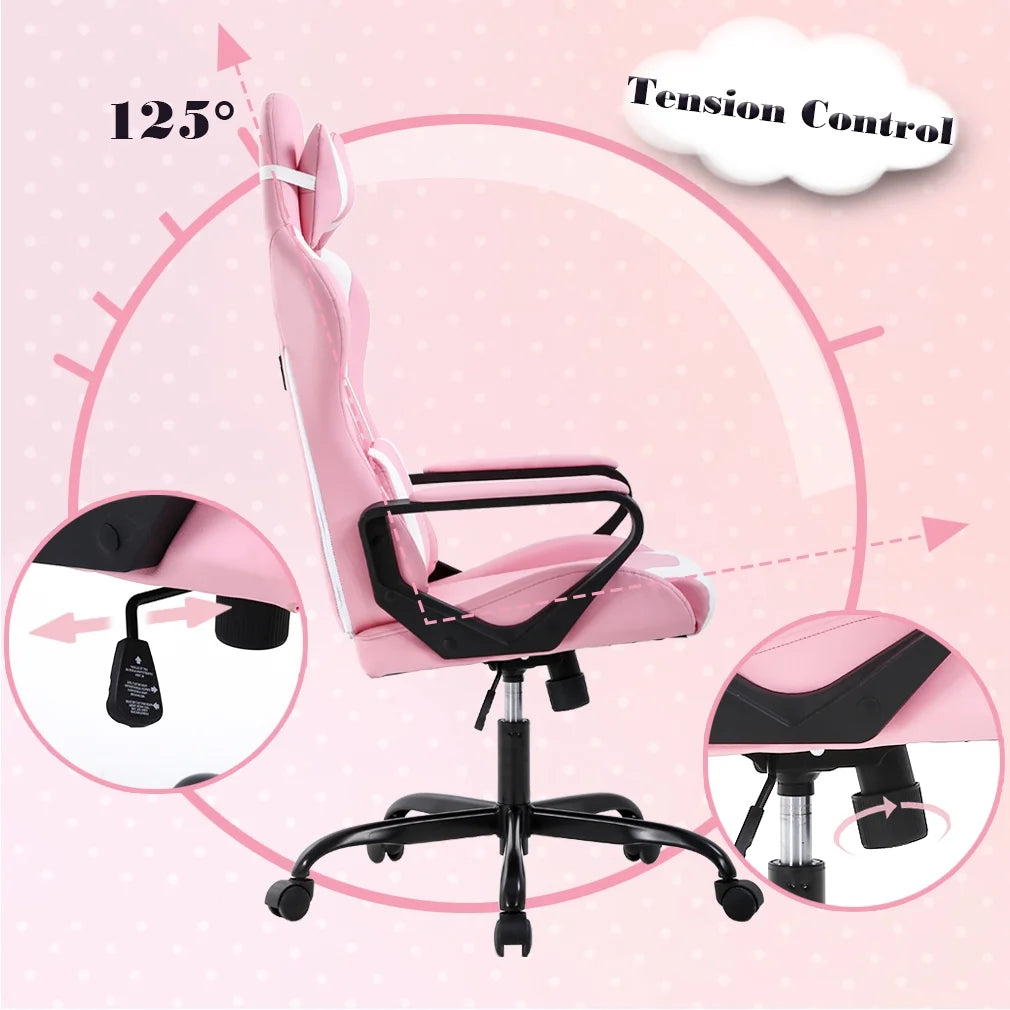 Racing Style Gaming Chair with Adjustable Pillows and Reclining Backrest for Women Gamers(Pink)