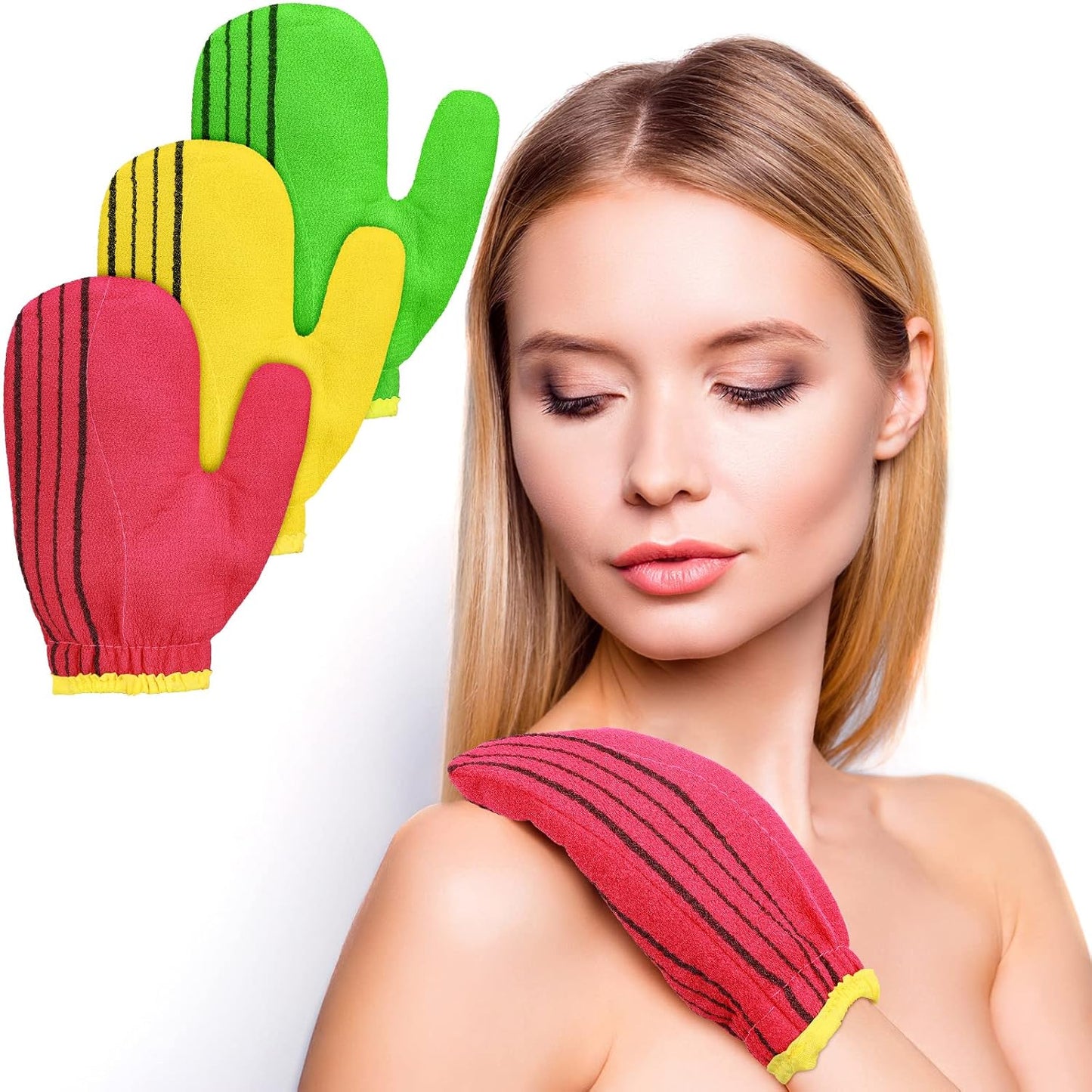 3 Pieces Korean Exfoliating Mitt Exfoliating Washcloth Korean Body Scrub Mitt Italy Face Shower Cloth Asian Bath Massage Mitts for Women and Men Wash Skin Deep Cleaning, Red, Green, Yellow
