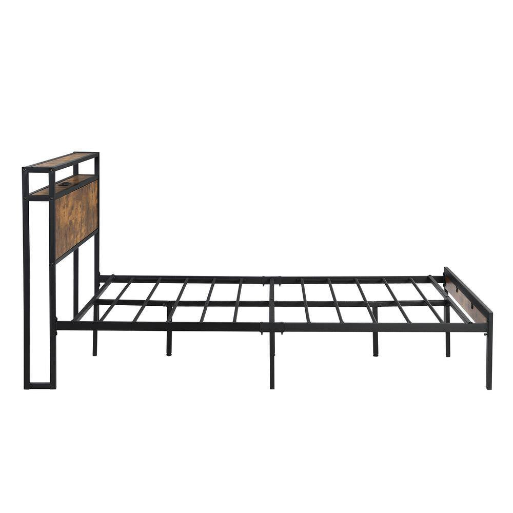 Modern Industrial Black Metal Frame Queen Platform Bed with Wooden Storage Headboard, Charging Station, Underbed Storage
