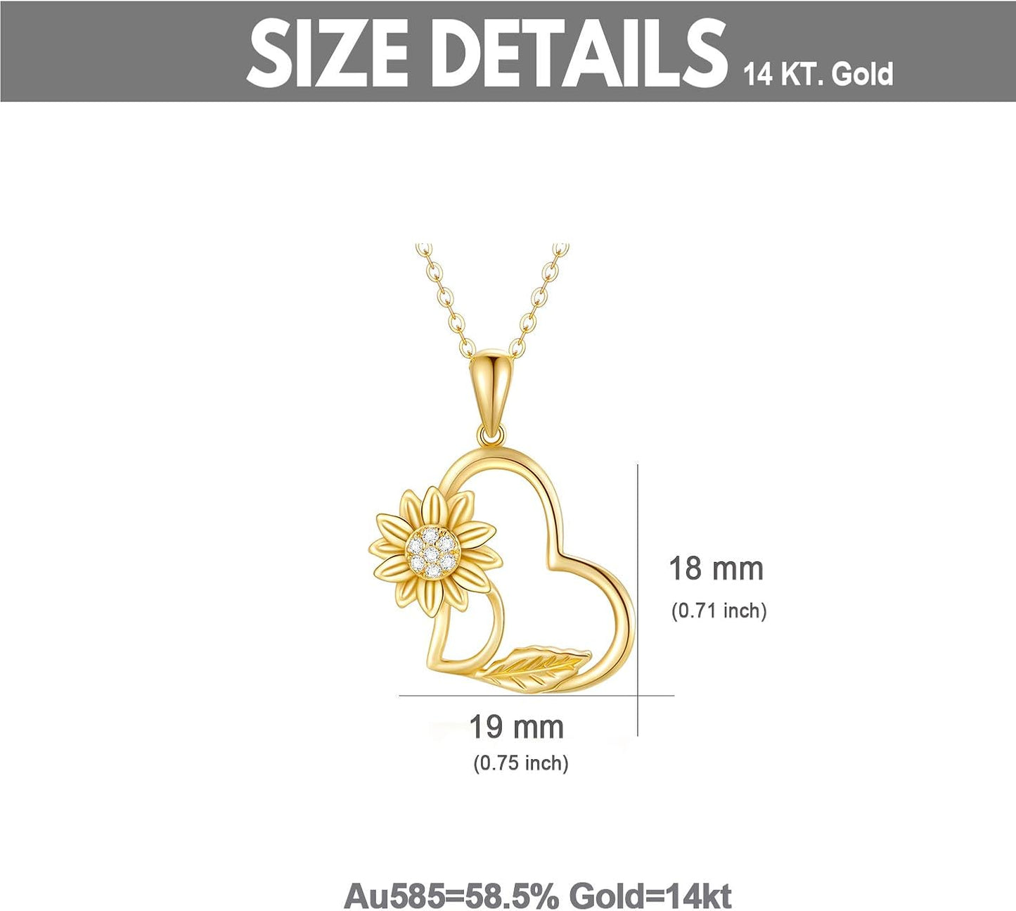 14K Gold Sunflower Heart Necklace for Women,"You Are My Sunshine" Real Gold Love Jewelry Gifts for Wife Girlfriend, Present for Her16"-18"