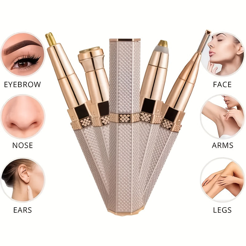 4-in-1 Portable Electric Trimmer Kit - USB Rechargeable, 150mAh Lithium Polymer Battery, Rose Golden & White - Ideal for Eyebrows, Nose, Legs, Armpits & Bikini Hair Removal with Precision Attachments, Personal Grooming Kit|St