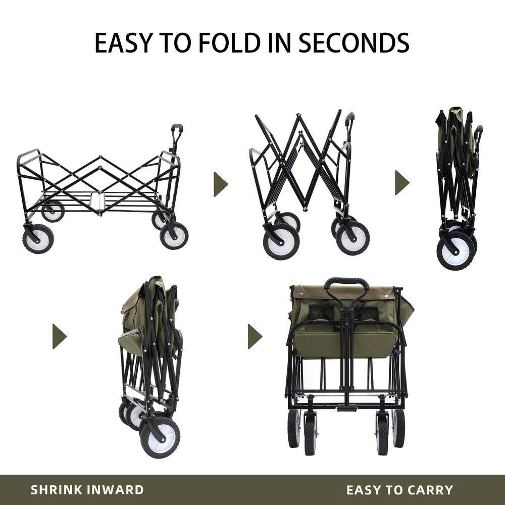 17 Cu. Ft. Army Green Fabric Collapsible Garden Cart, Utility Wagon W/Strap and All-Terrain Wheels for Outdoor Shopping