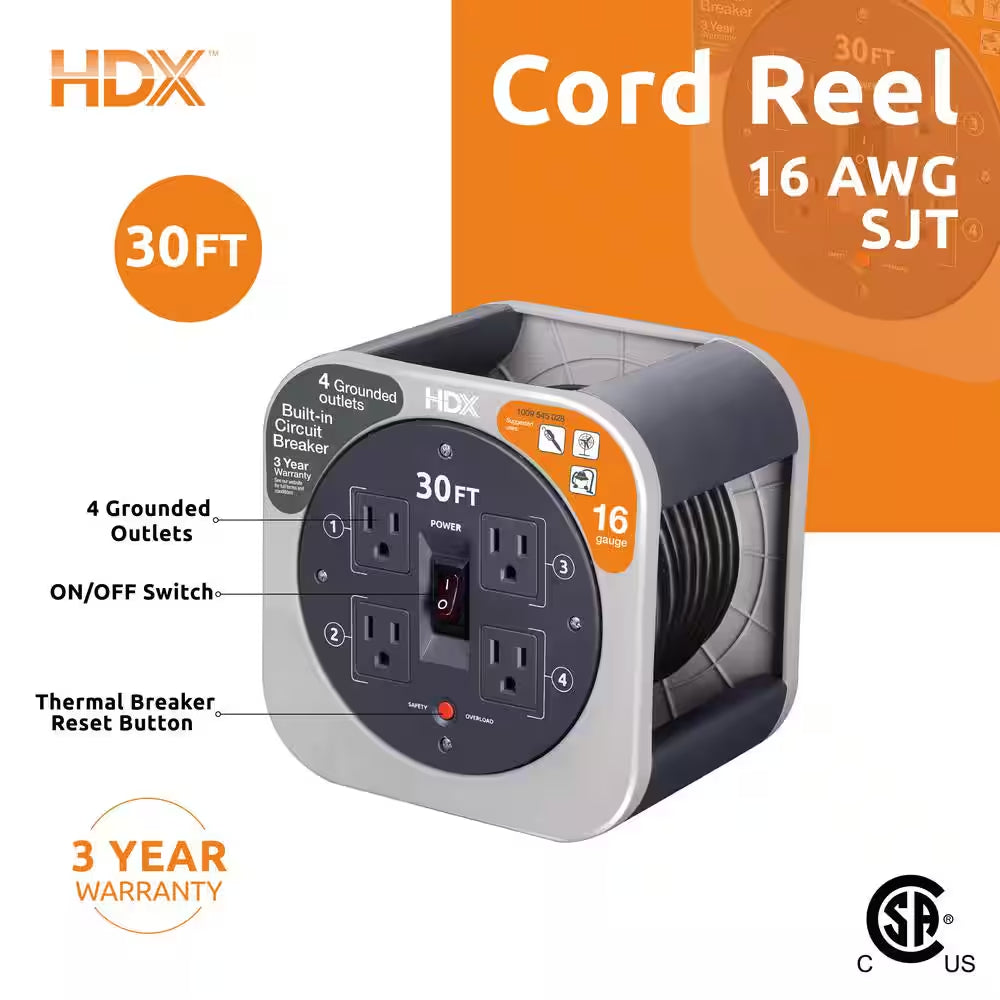 30 Ft. 16/3 Extension Cord Reel with 4 Grounded Outlets and Surge Protector in Gray