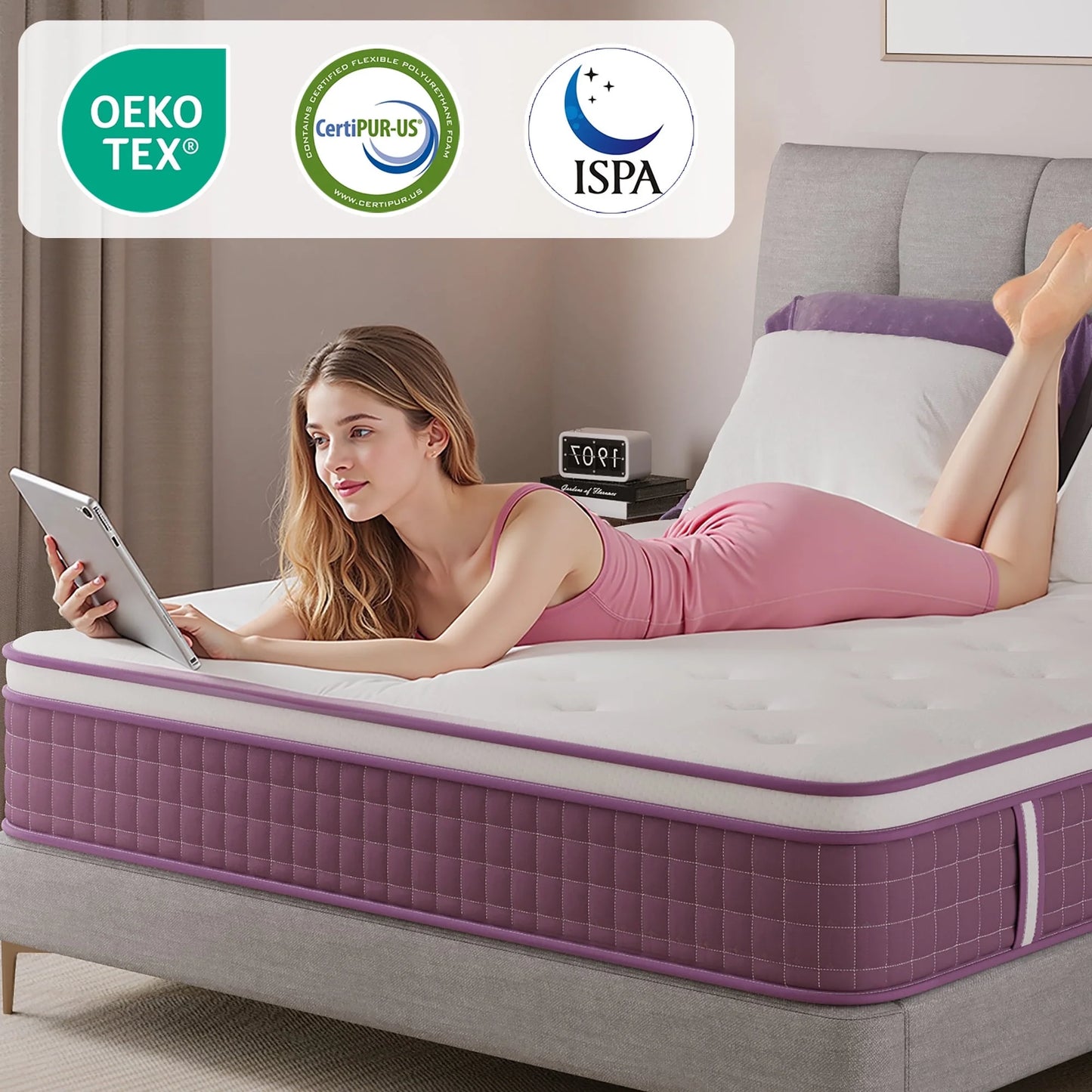 Full Mattress 12 Inch, Purple Full Size Mattress in a Box, Hybrid Mattress with Memory Foam & Pocket Coils, Medium Firm for Pressure Relief, Certipur-Us