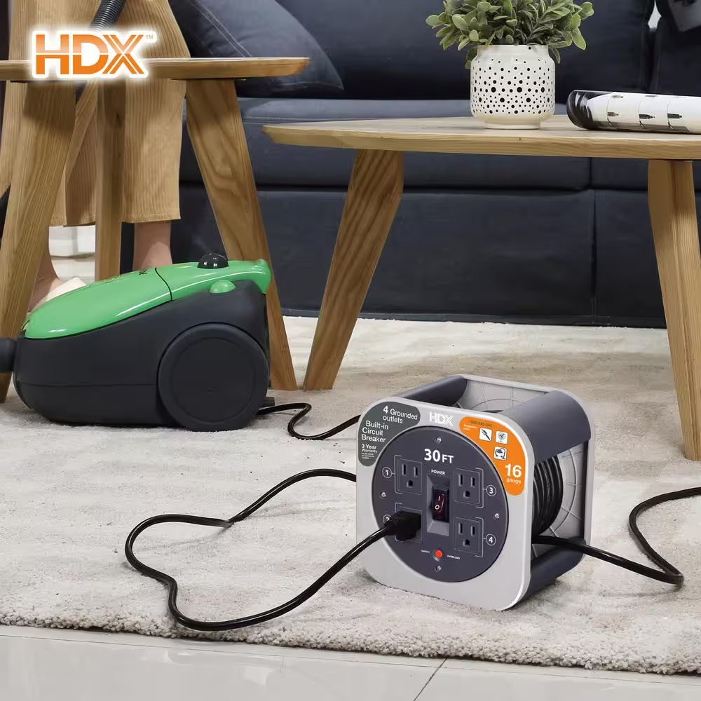 30 Ft. 16/3 Extension Cord Reel with 4 Grounded Outlets and Surge Protector in Gray