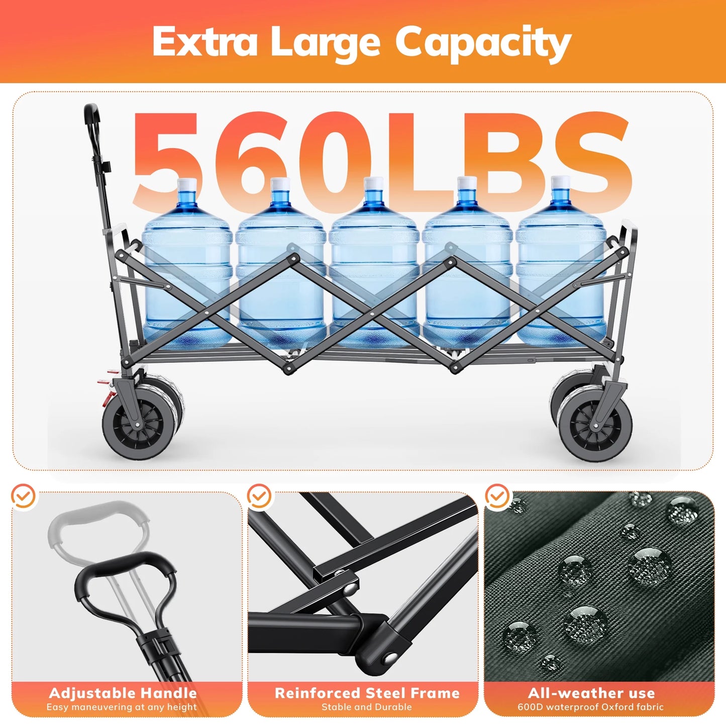 51.2" Large Collapsible Folding Wagon Cart, 560 Lbs Load Capacity, Heavy-Duty Steel Frame & Oversized Wheels for Grocery Shopping, Camping, Sports, Moving – Gray