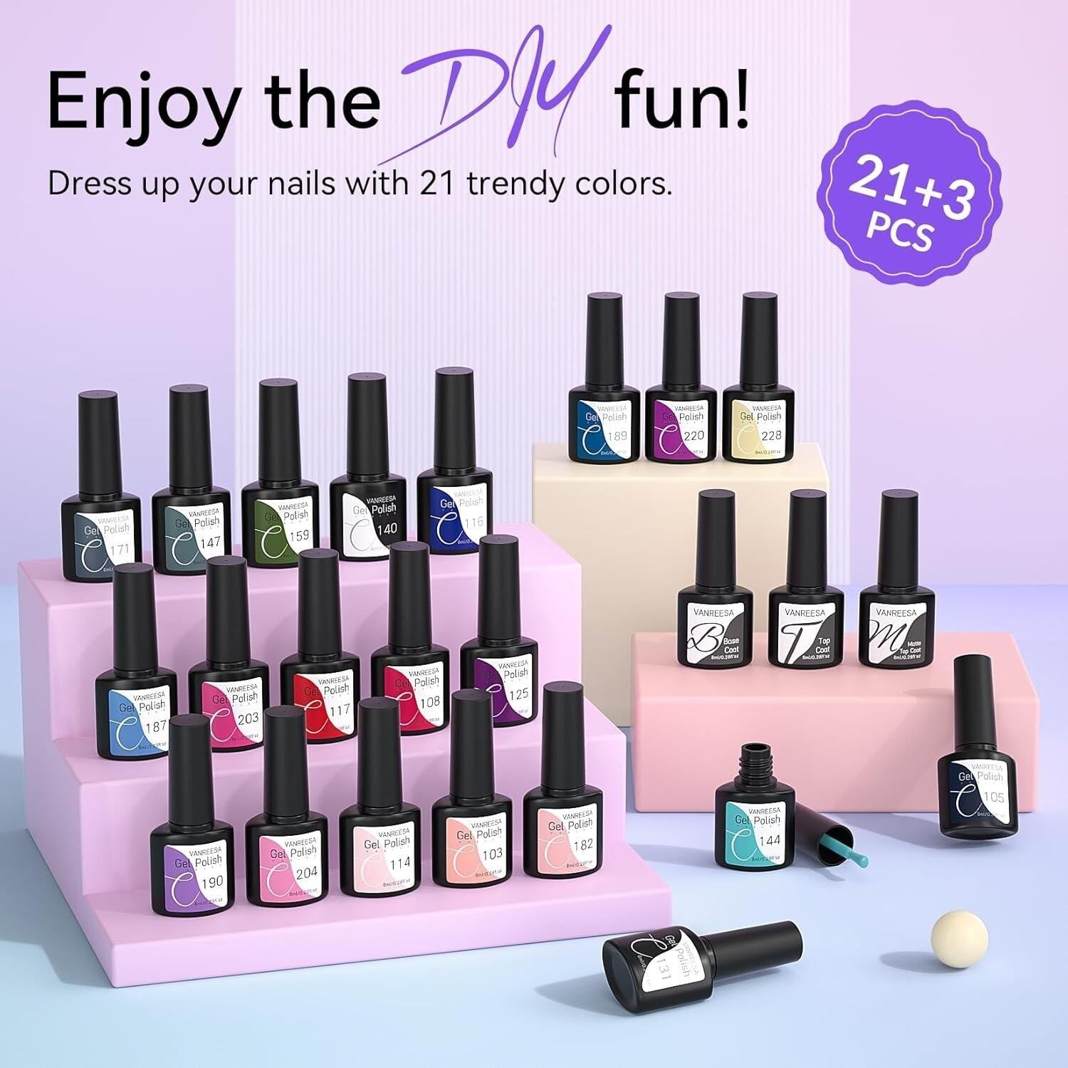 24 Pcs Gel Nail Polish Set 21 Popular Colors Gel Nail Polish Base Coat Glossy &