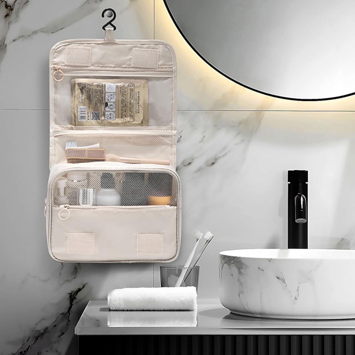 FQUAN Travel Toiletry Bag Water-Resistant Makeup Cosmetic Bag with Hanging Hook Travel Organizer, Beige