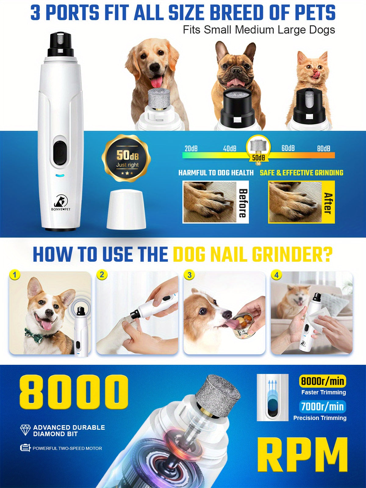 Nail Grinder for Dogs- Upgraded Dog Nail Trimmers Super Quiet, 2 Speeds, Rechargeable, 2 Grinding Wheels for Small Large Dogs& Cats