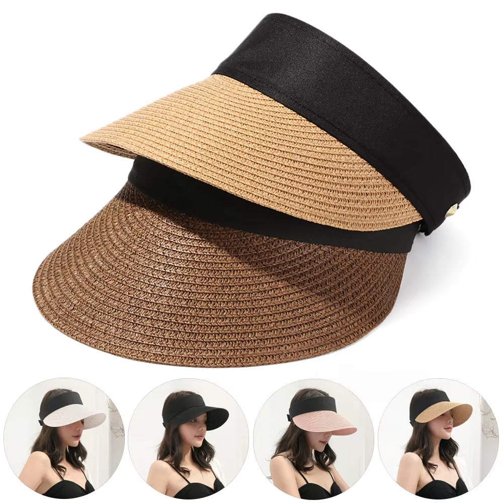 Summer Empty Top Suncap Portable Foldable Magic Tape Roll-Up Beach Hat Wide Brim Women Sun Hat Fashion Casual Straw Cap Visors