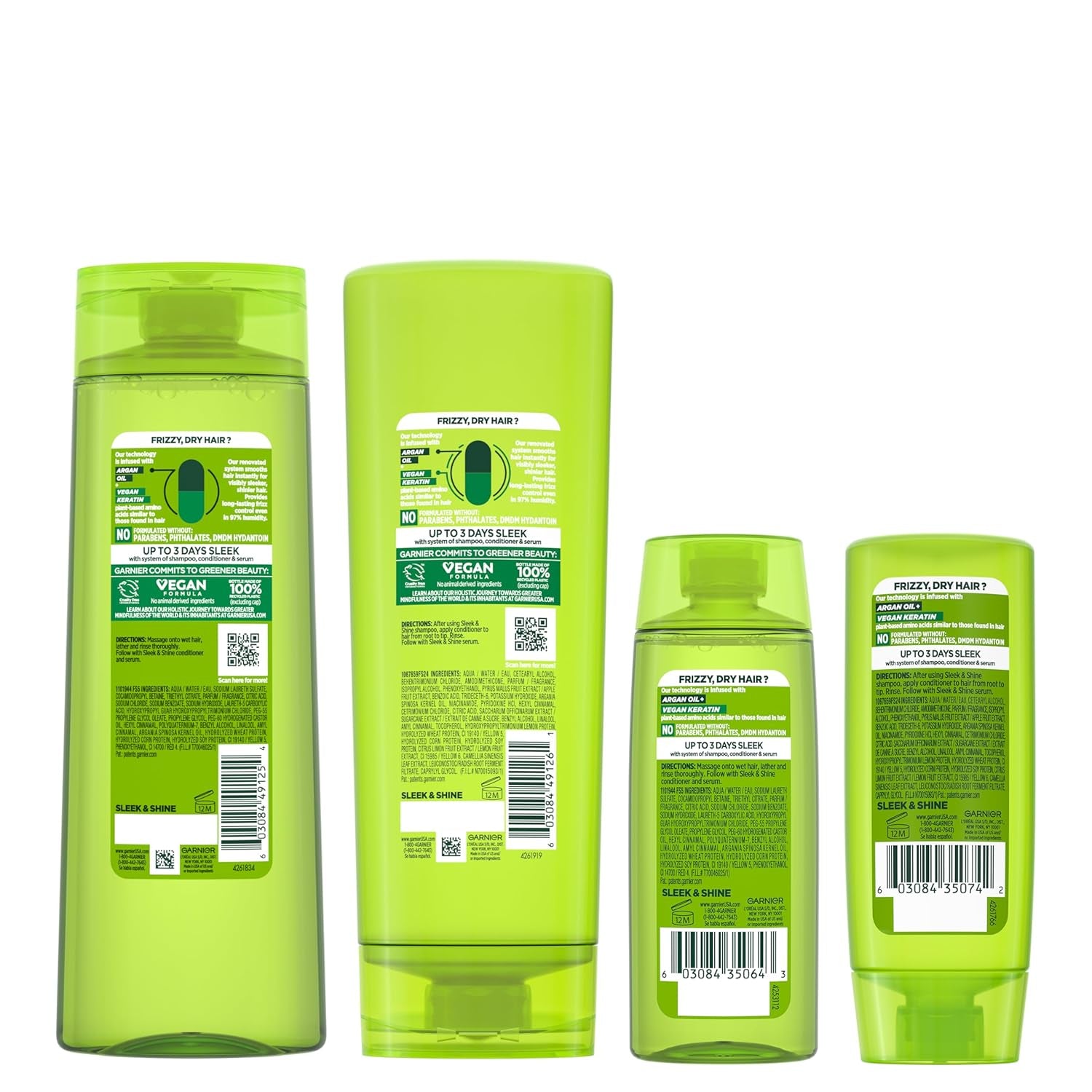 Fructis Sleek & Shine Full + Travel Size Shampoo (12.5 & 3 Fl Oz) + Conditioner (12 & 3 Fl Oz) Set for Frizzy, Dry Hair, Plant Keratin + Argan Oil (4 Items), 1 Kit (Packaging May Vary)