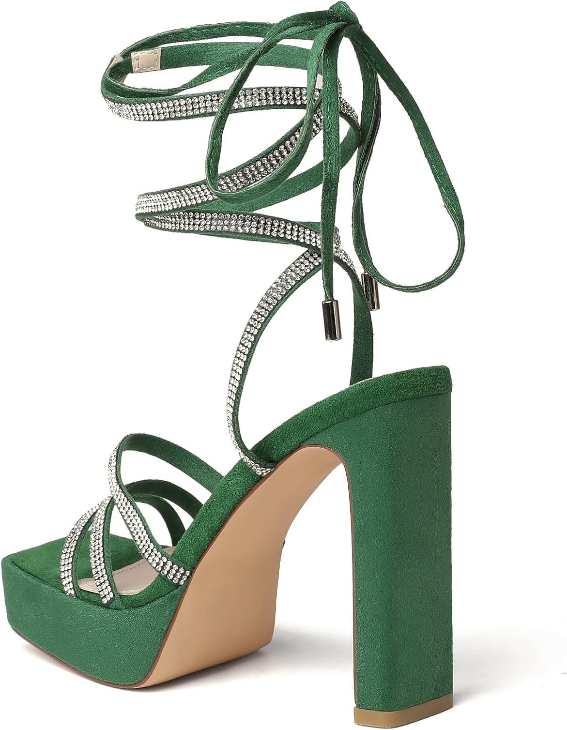 Women'S Lace up Platform Chunky Heel Sandals Suede Strappy Ankle Wrap Rhinestone Heels for Wedding Work Party Dress