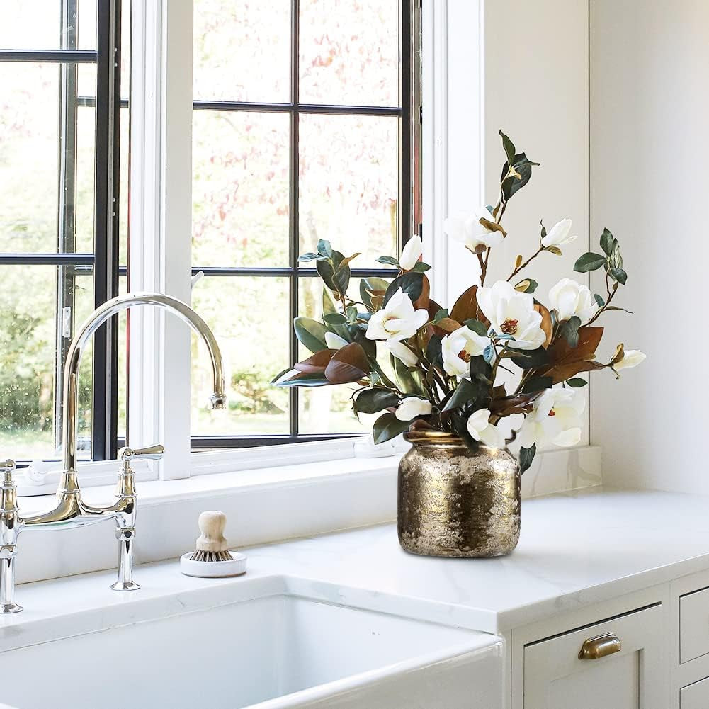 Ceramic Vase for Home Decor Decorative Gold Flower Vase for Centerpieces Tall Pottery Floral Vase for Living Room Flower Arrangements Wedding Table (Brass, 5 Inches)