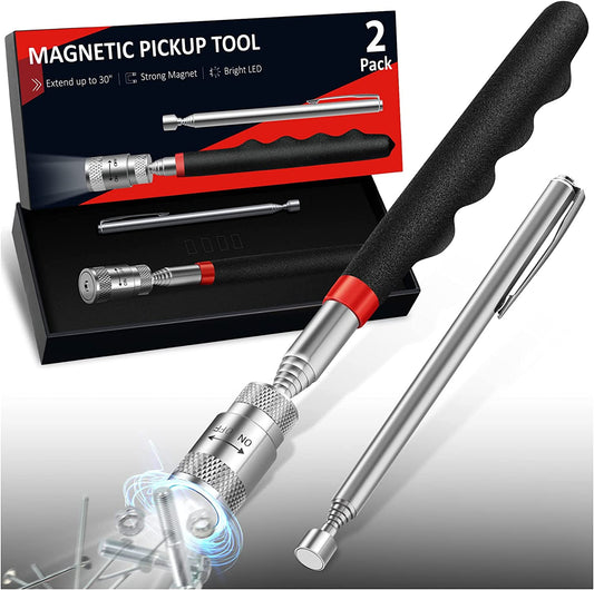 Magnetic Pickup Tool 2 Pack, Cool Gadget Gift for Men, 31" Telescoping LED Flashlight Pick up + Slim 25" Telescopic Extendable Magnet Stick, Unique Men'S Gifts Christmas Birthday for Dad Mechanic Guy