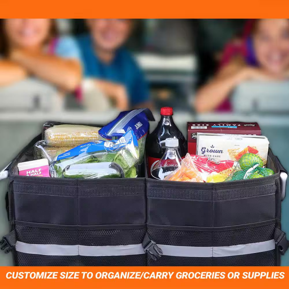 Collapsible Cargo Organizer with Lid and Buckles, 8 Compartments, Great for Groceries and Cleaning