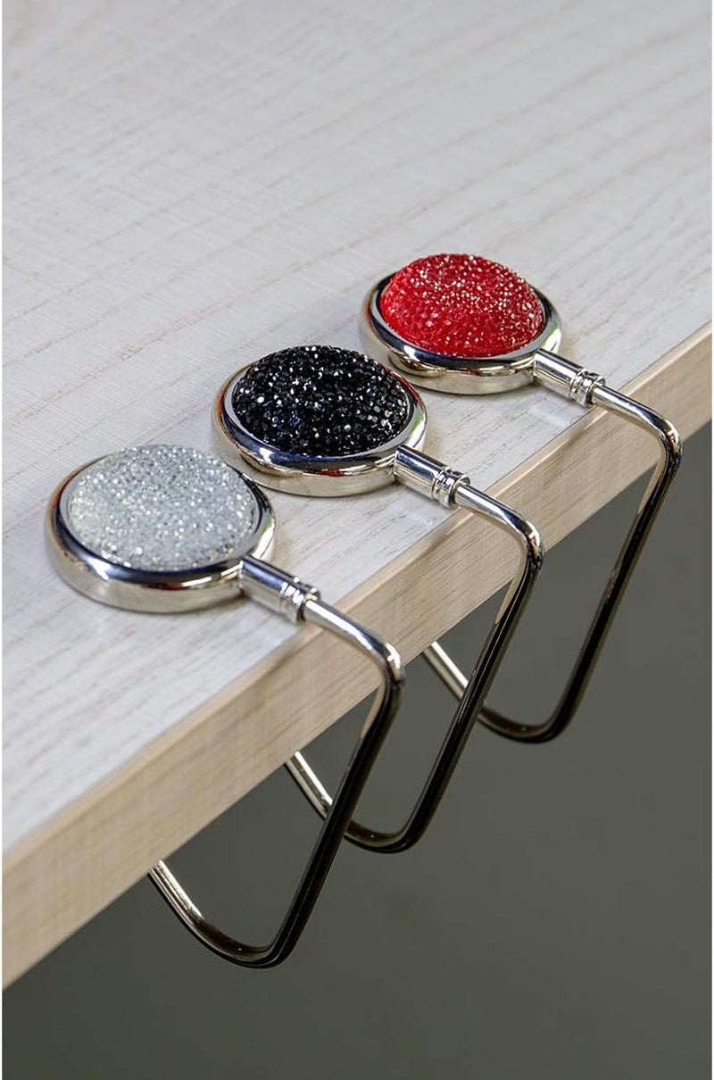 Purse Hook Mental Clutch Holder Handbag Bling Rhinestone Hanger for Table Desk 3 Packs Black White Red